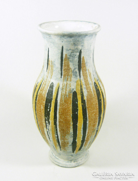 Gorka lívia, retro 1960s black and beige striped pattern artistic ceramic vase, flawless! (G036)