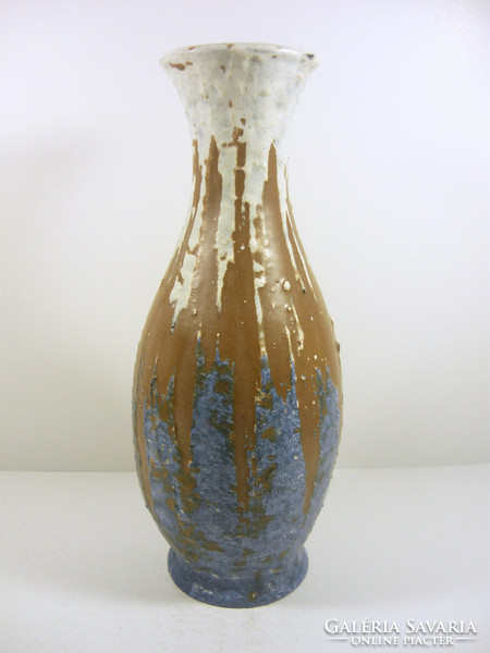Gorka lívia, retro 1960 blue and brown 30.2 Cm artistic ceramic vase, flawless! (G036)