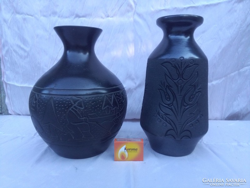 Retro black ceramic vase - two pieces together