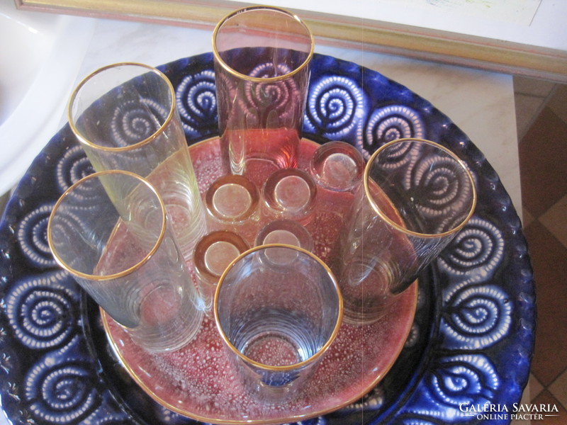 10 Lucerne-framed retro glass glasses, on a very nice burgundy ceramic tray.