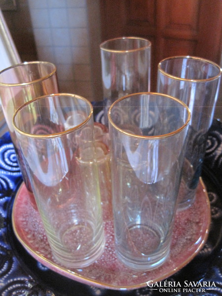 10 Lucerne-framed retro glass glasses, on a very nice burgundy ceramic tray.