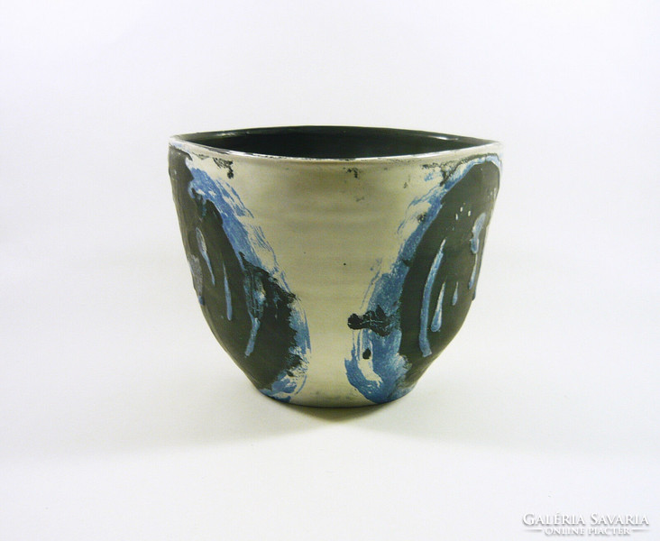 Gorka lívia, retro 1950 dark blue, black, white artistic ceramic pot, flawless! (G059)