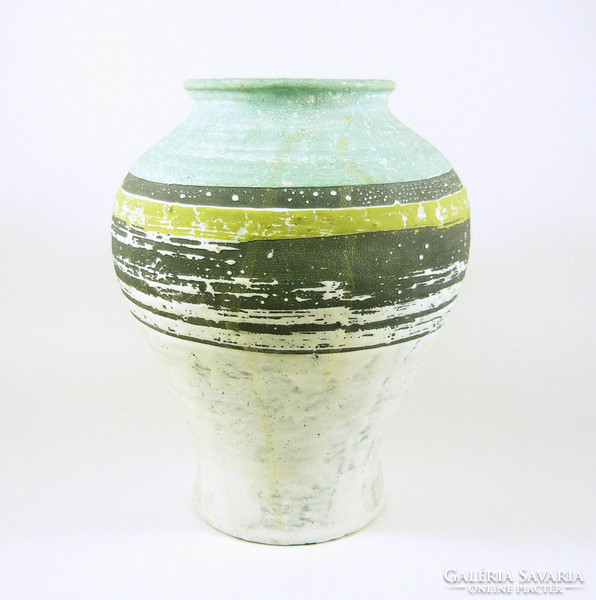 Gorka lívia, retro 1960 light blue & green 24 cm artistic ceramic vase, flawless! (G062)