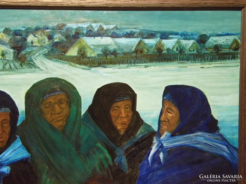 Cseh Gábor (1941-) Várakozók c. nagy méretű festménye 1985 - Szekszárd Sióagárd Leányvár
