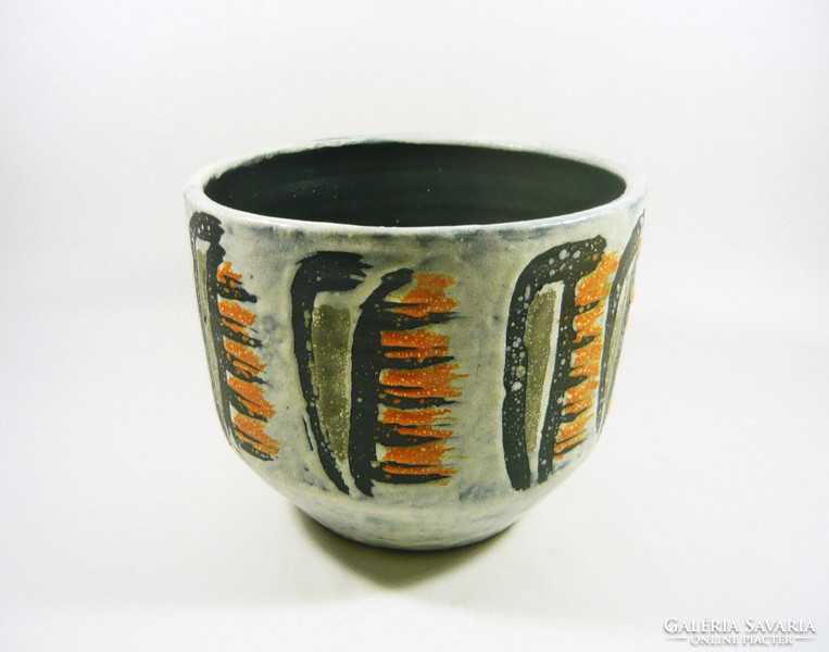 Gorka lívia, retro 1960 black & orange motif 20.6 Cm artistic ceramic pot, flawless! (G083)