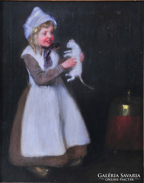 Unknown artist, little girl playing with cat