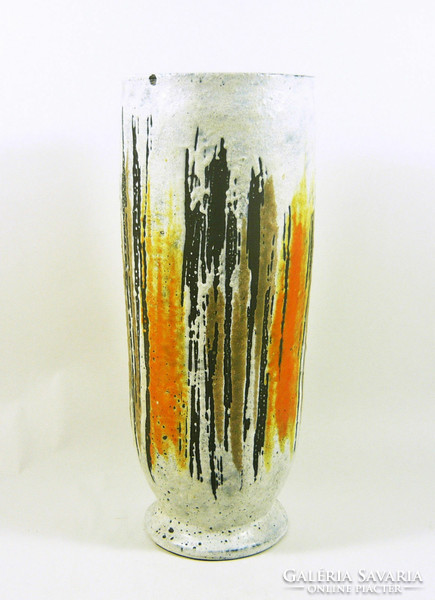 Gorka lívia, retro 1960s orange and brown striped white artistic ceramic vase, flawless! (G073)
