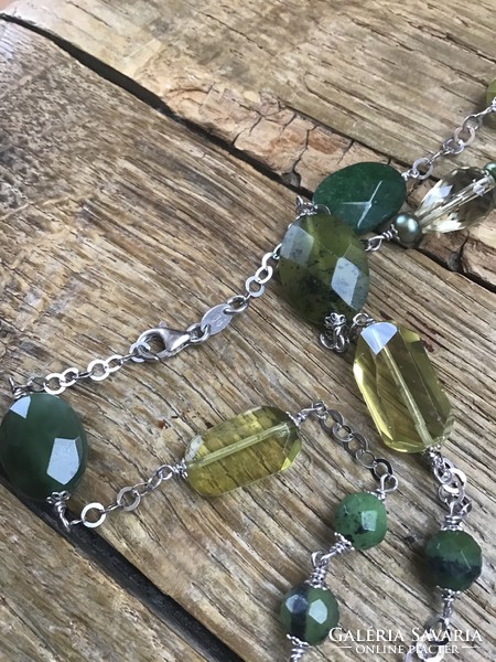Long silver necklace with citrine, jade jade, true pearl stones