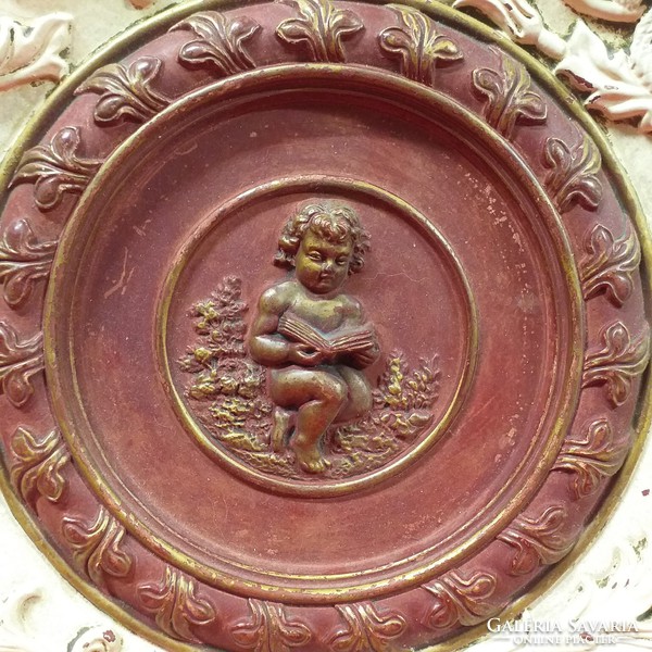 Alt wien johann maresch terracotta ceramic wall plate, bowl with putty, angel, bird pattern. 39 Cm