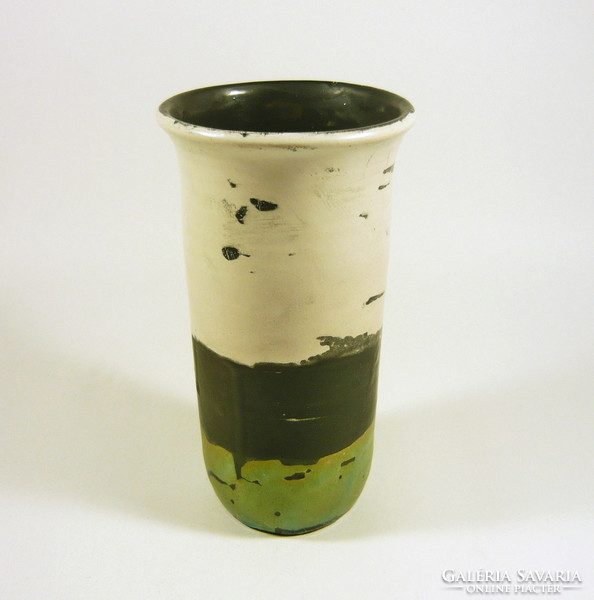 Gorka lívia, retro 1950 white, black & green 17 cm artistic ceramic vase, flawless! (G108)