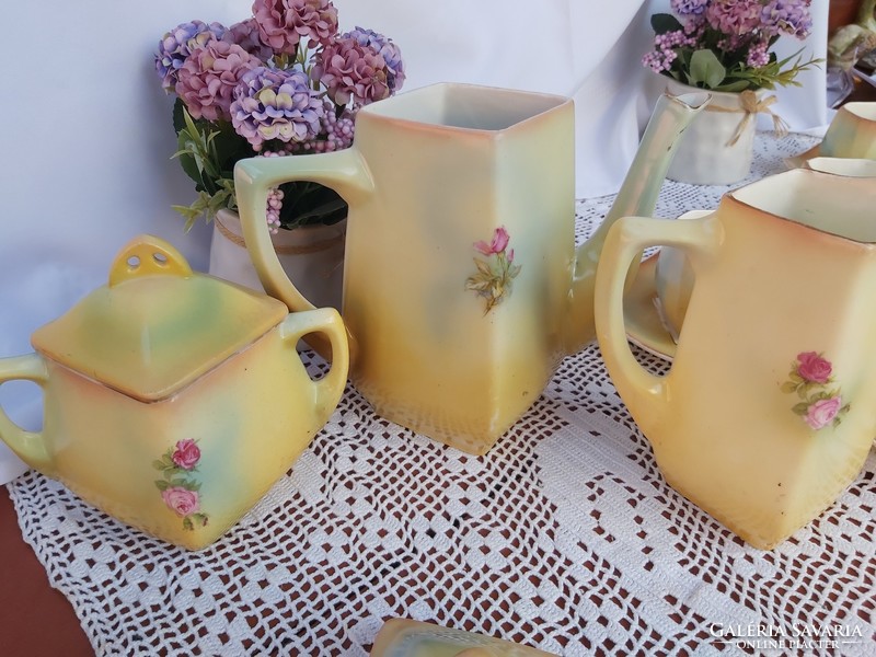 Extra rare faience rosy floral tea set with beautiful collectible pieces in teapot cup sugar bowl
