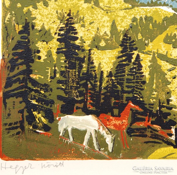 András Rác (1926-2013): between mountains - colored linoleum engraving