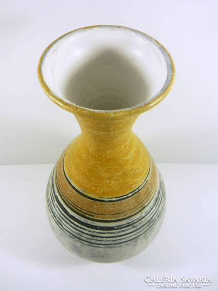 Gorka lívia, retro 1960 black striped beige & white 33 cm artistic ceramic vase, flawless! (G076)