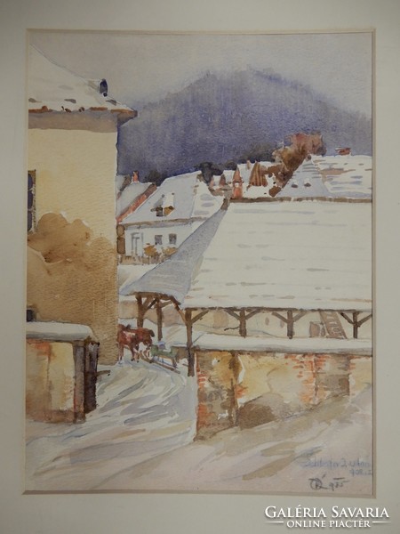 GUARD. Signed: winter cityscape, watercolor