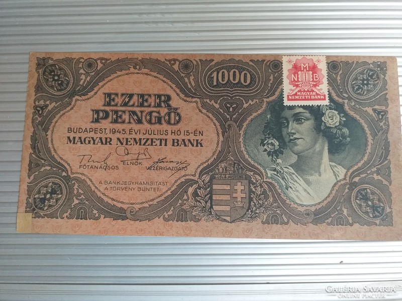 1945-ös 1000 Pengő MNB bélyeggel UNC