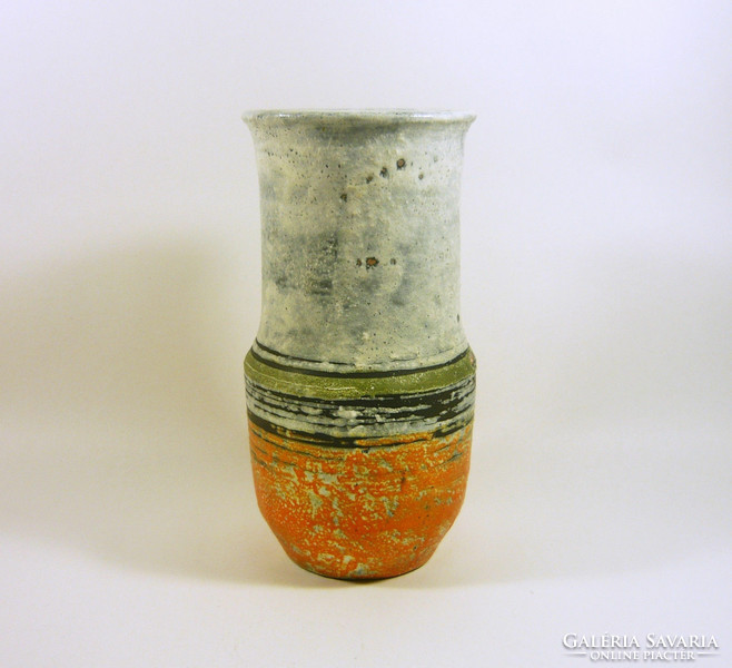 Gorka lívia, retro 1960 white, orange & green 23.2 Cm artistic ceramic vase, flawless! (G086)