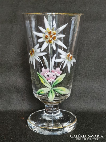 Antique, Biedermeier hand-enamel-painted, blown-glass bottle with alpine birch pattern