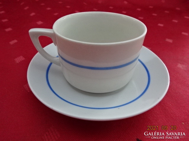 Zsolnay porcelain coffee cup + placemat, antique, shield stamped, blue striped. He has!