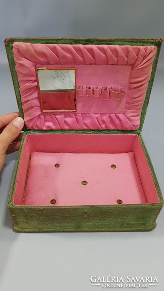 Old, velvet-covered, copper-framed jewelry box