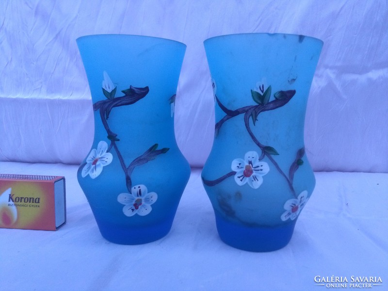 Two blue hand-painted glass vases - together
