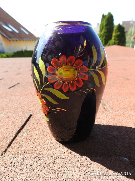 Kobalt kézifestéses virágmintás váza - üvegváza