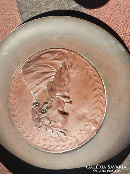 Antique bronze relief on a copper background - marked