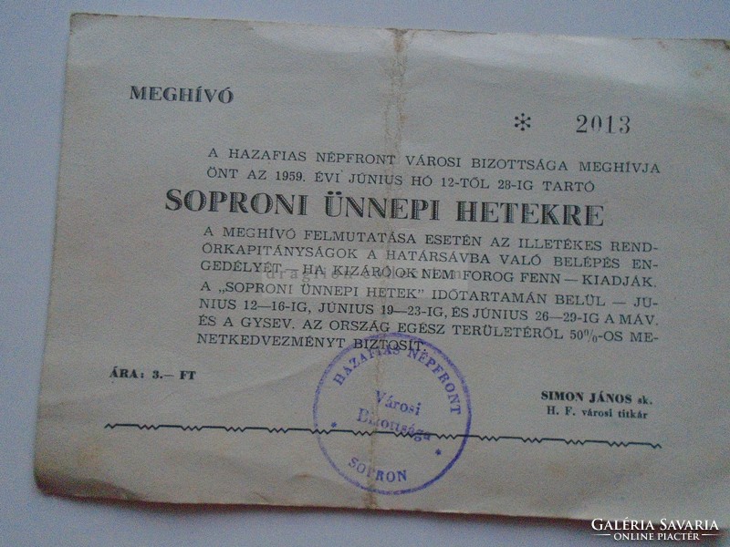 G21.512 Meghívó -Hazafias Népfront - Soproni Ünnepi Hetek 1959 -Sopron  50% kedv. MÁV GYSEV