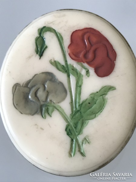 Retro bone colored plastic brooch with hand scratched and painted roses