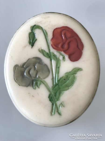 Retro bone colored plastic brooch with hand scratched and painted roses