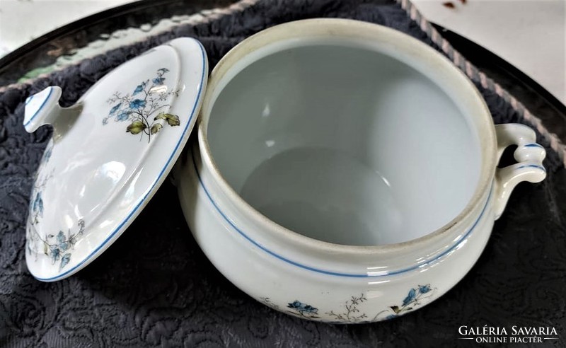 Antique Czechoslovakian faience blue violet white baroque round bowl, soup bowl, showcase condition!