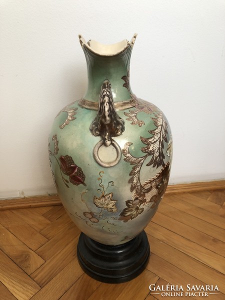 Monumental antique porcelain floor vase, wooden base
