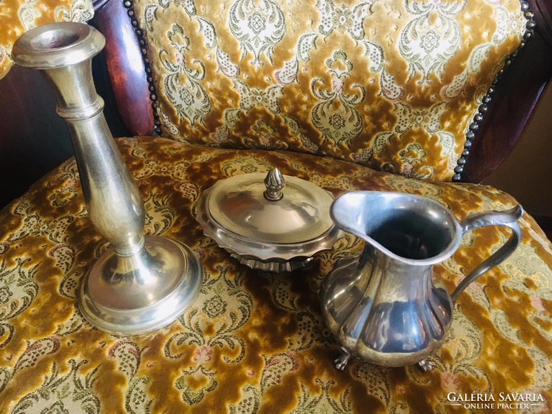 Silver-plated candle holder, milk spout and sugar holder