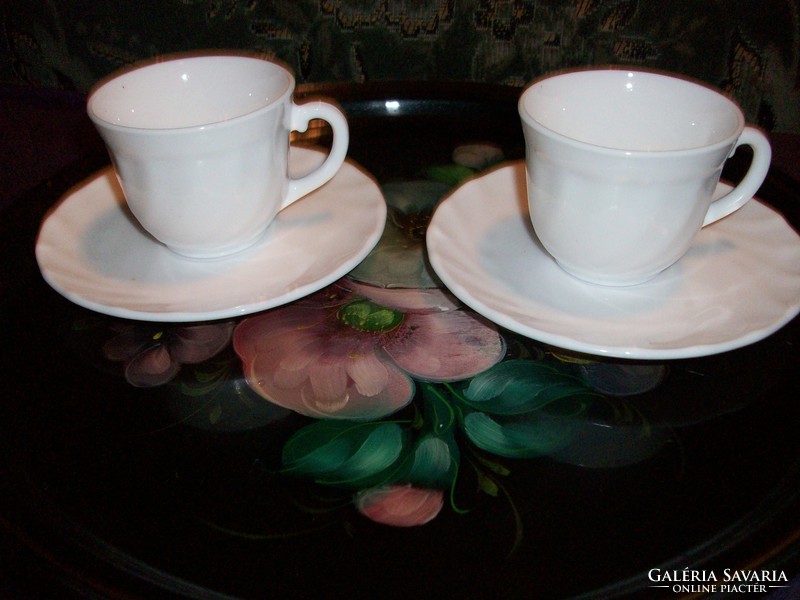 2 French porcelain coffee cups with coasters