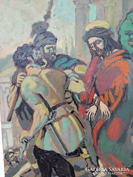 Antique oil canvas 1951 painting Jesus crucifix station signed 4452
