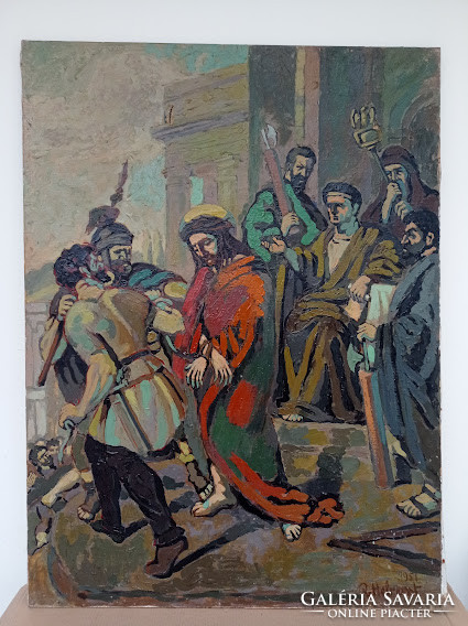 Antique oil canvas 1951 painting Jesus crucifix station signed 4452