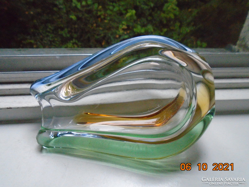 Mid century sklo union heavy flat vase with 3 color embossed glass stem and polished base