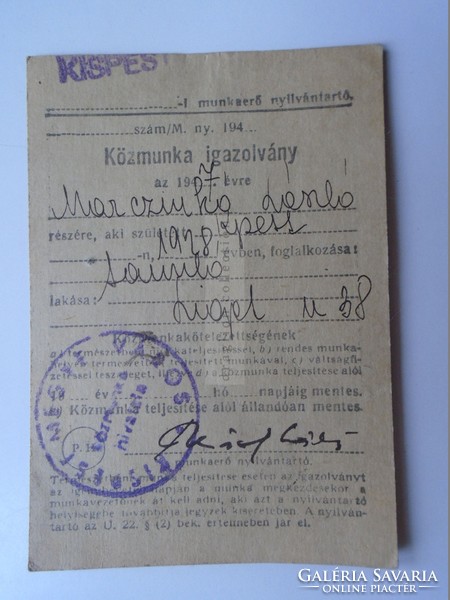 AV833.3 Közmunka igazolvány 1947  Kispest