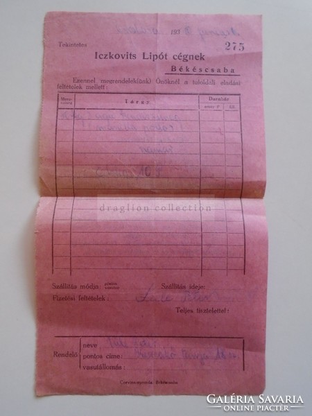 AV835.1 Iczkovits Lipót cégnek - Békéscsaba  1930  -Süle Péter Kiscsákó