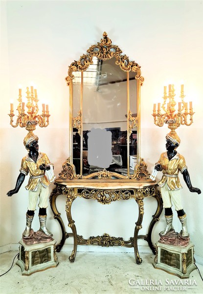 A410 Gyönyörű Olasz aranyozott barokk márványlapos konzolasztal tükörrel