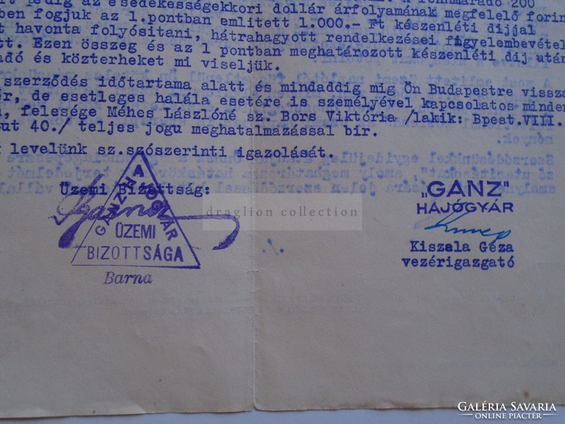 AV837.3 GANZ Hajógyár Budapest 1950 Kiszela Géza vezérigazgató aláírásával  Méhes Lászlónak