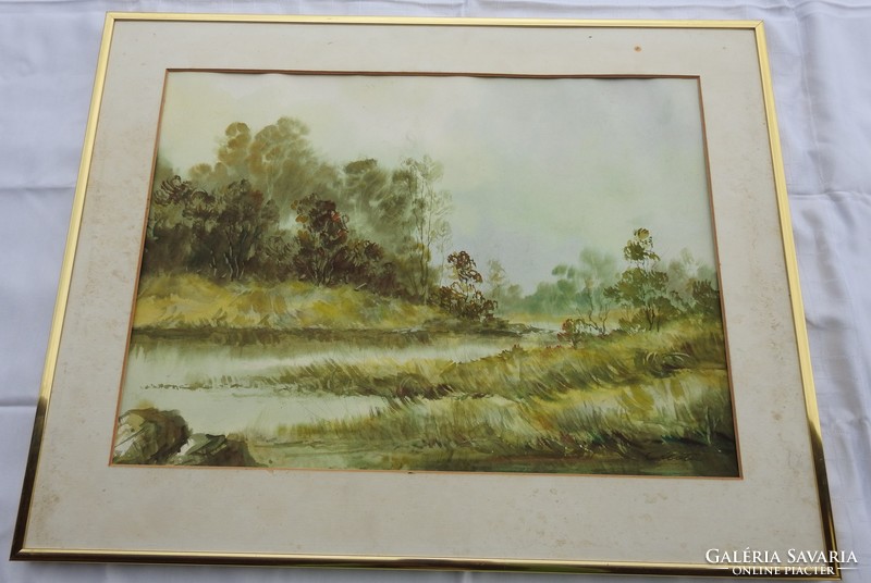 Marked matie watercolor landscape in copper frame
