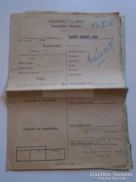AV835.8    Régi irat  Honvédelmi Miniszter  1947  Kamocsa Székely Visy Nagy -Ajtony