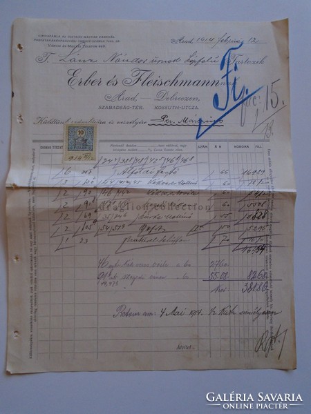 AV835.2  Erber és Fleischmann  Arad -Debreczen  1914  számla - Lántz Nándor Temesszépfalu