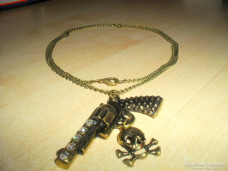 Pistol-skull rocker-motorized men's bronze prestigious necklace 70 cm!