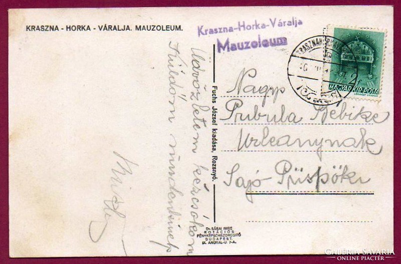 041 --- Running postcard Kraszna-Horka castle, mausoleum 1940
