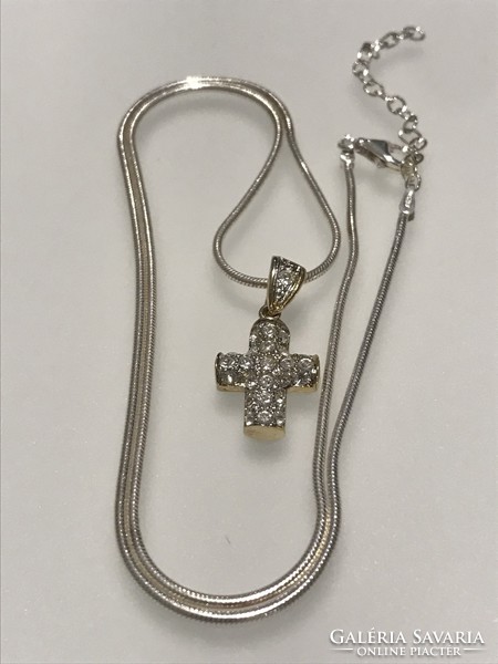Silver necklace with a cross inlaid with Swarovski crystals, 45 cm