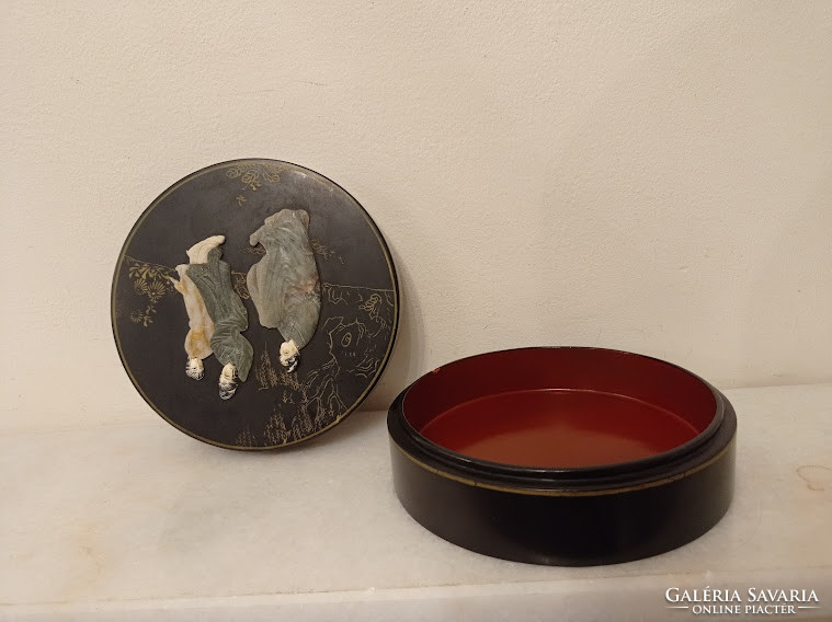 Antik kis kör alakú ázsiai kínai fekete lakk dobozka zsírkő gésa massza berakás