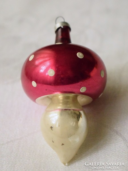 Régi antik karácsonyfadísz festett üveg gomba 8 x 5 cm