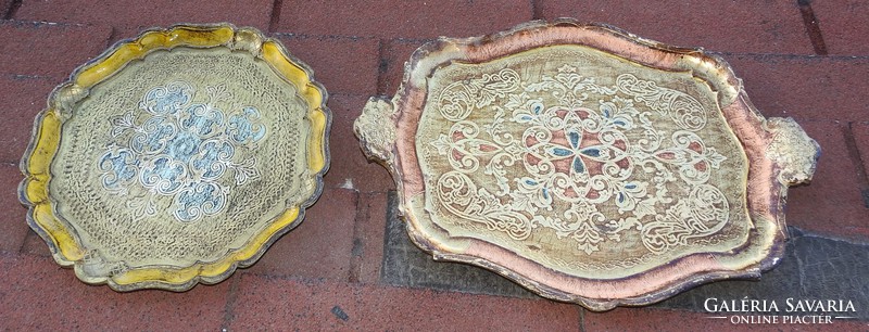 Pair of old Italian baroque style hand painted wooden trays