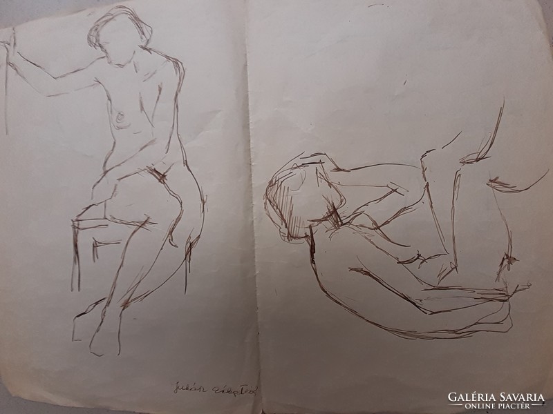 Erika Juhász: the woman four times, from 1945, original marked, double-sided ink drawing